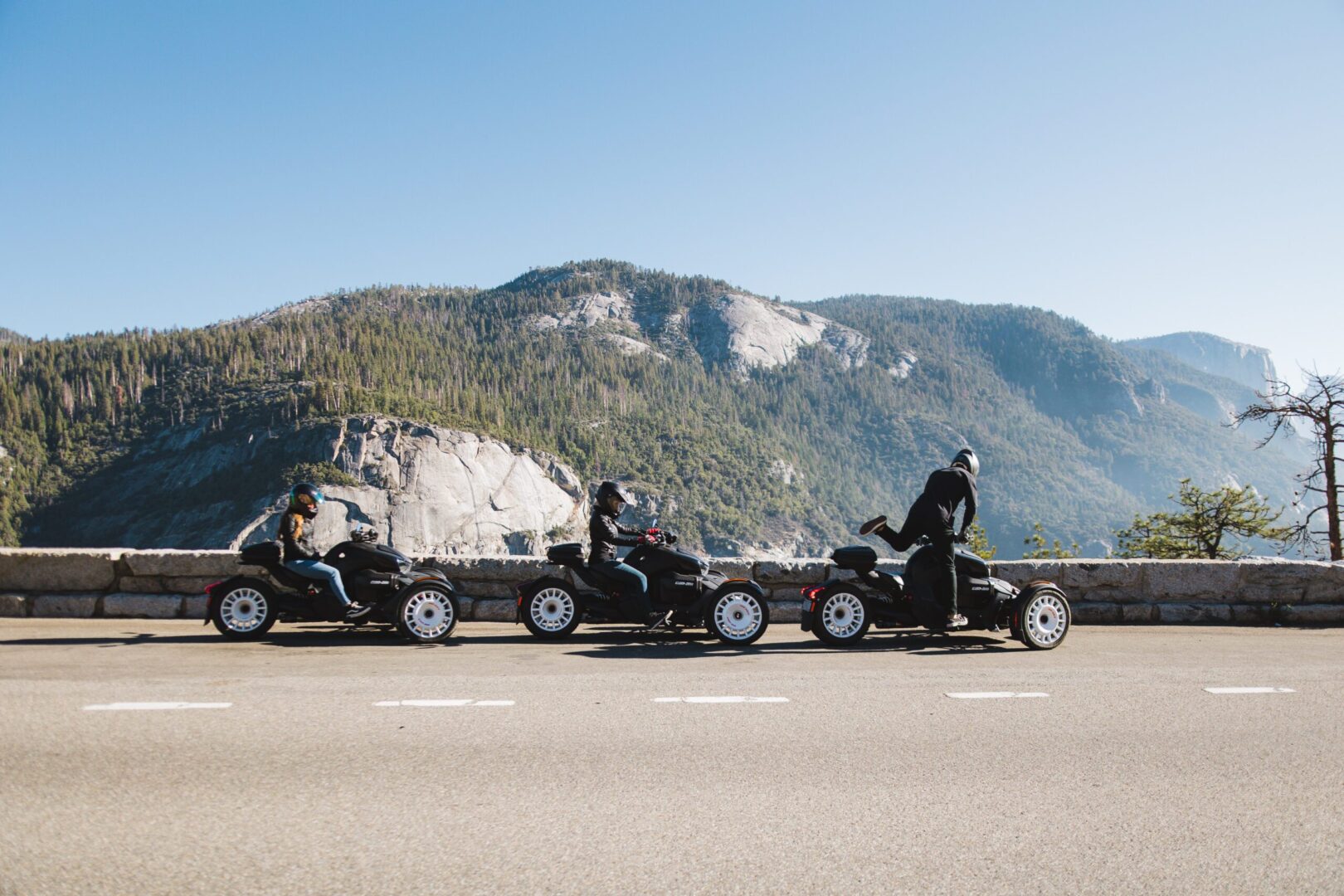 Customers riding a Ryker in Yosemite