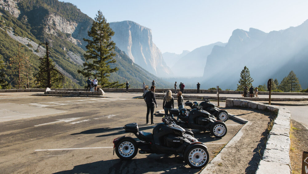 Can-Am Ryker parked at Tunnel View in Yosemite National Park with El Capitan and Half Dome in the background